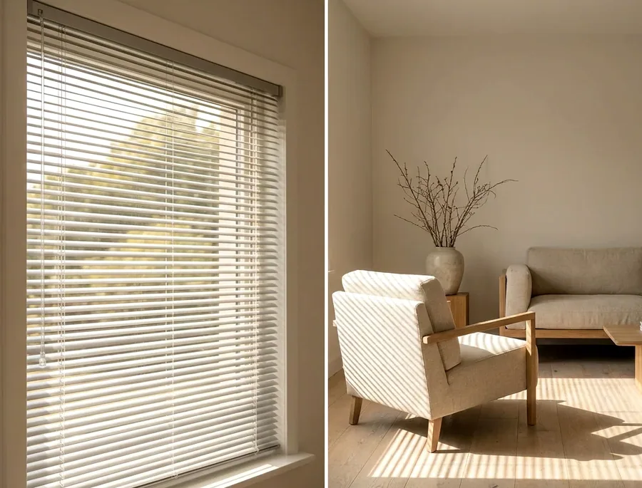 Aluminium venetian blind — slim horizontal slats tilted to filter afternoon light