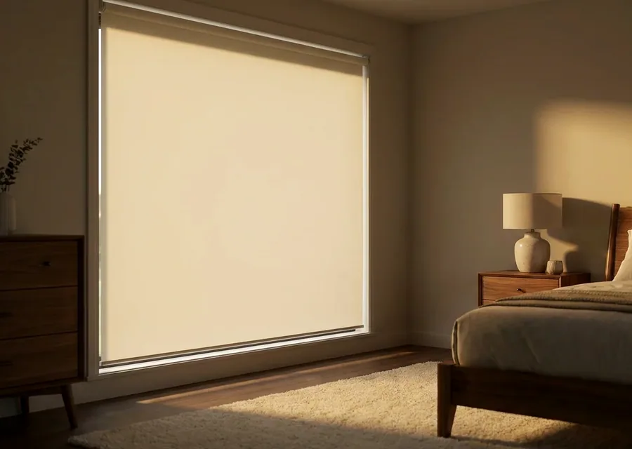 Blockout roller blind fully lowered — one smooth flat sheet of fabric in a Broadacres bedroom