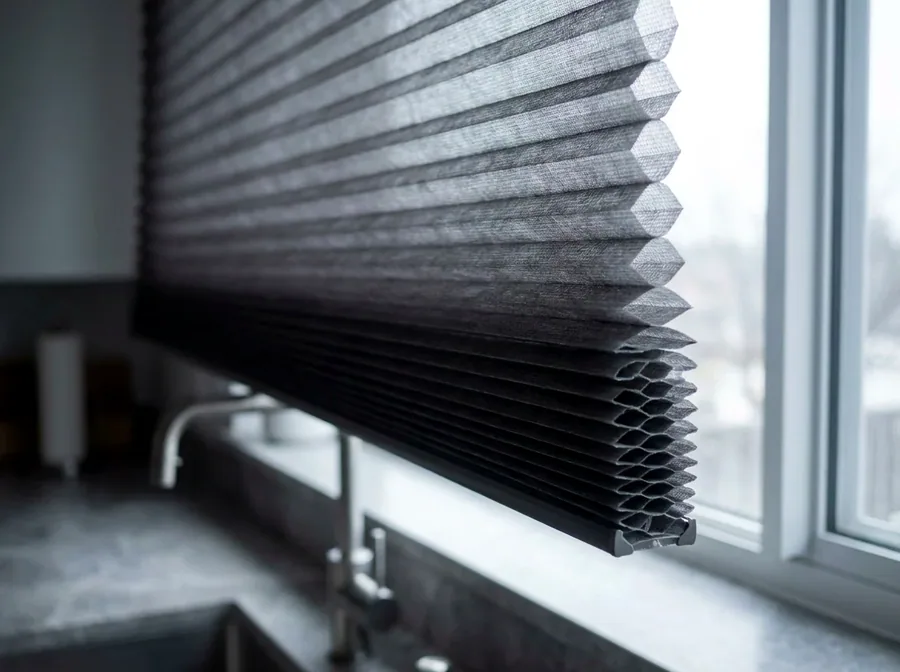 Cellular honeycomb blind in profile, air-pocket cells visible along the bottom edge