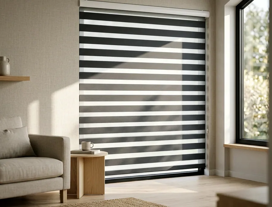 Day and night zebra blind with alternating sheer and solid bands on a living-room window