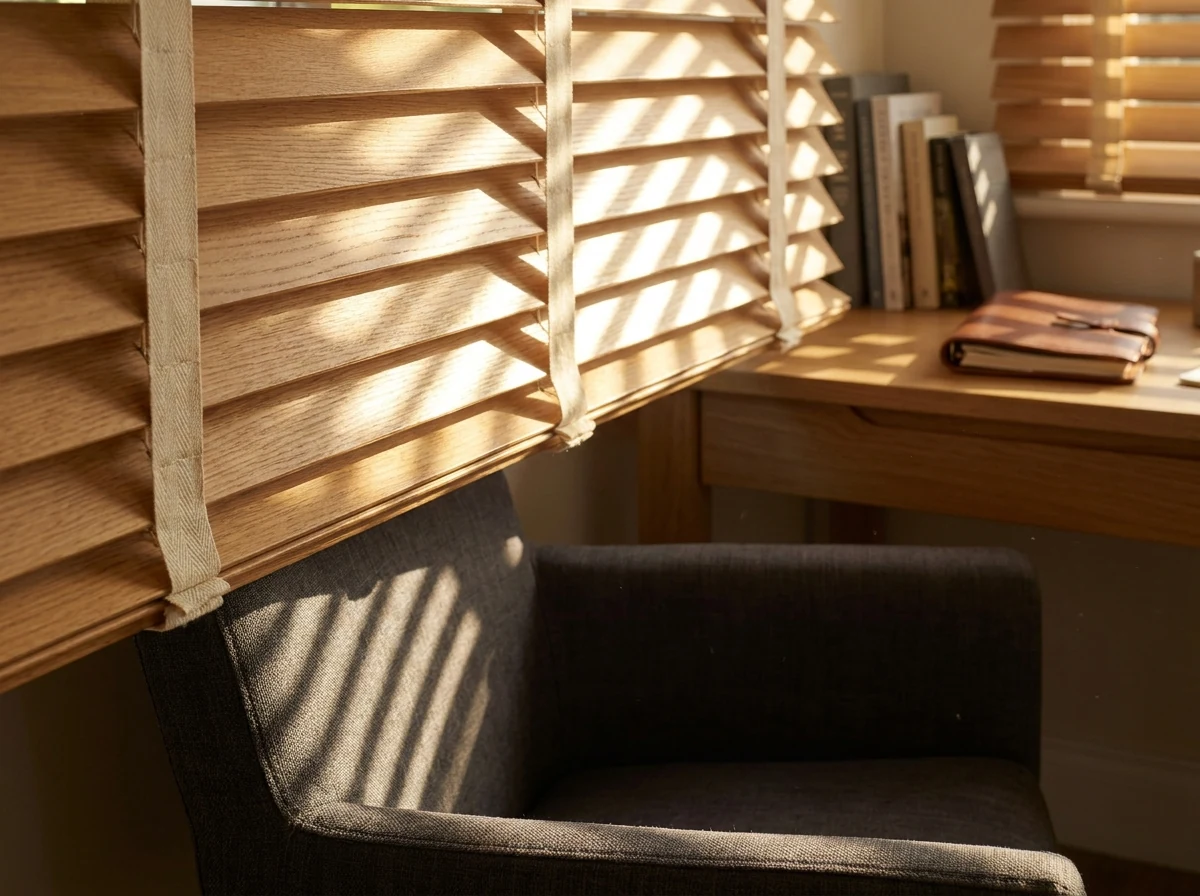Timber venetian slats up close, low sun striping a navy armchair beneath