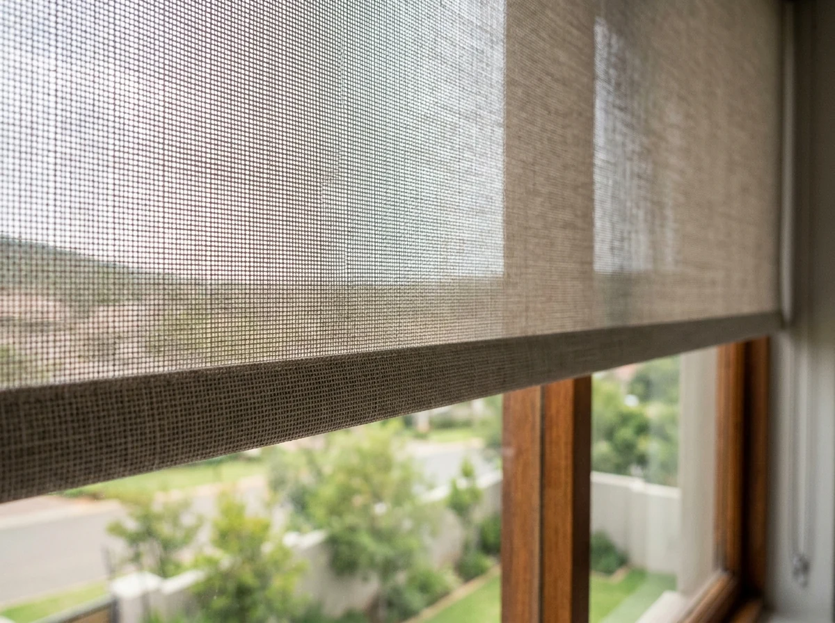 Close-up of sunscreen roller blind fabric weave half-lowered over a window in a Lonehill family living room