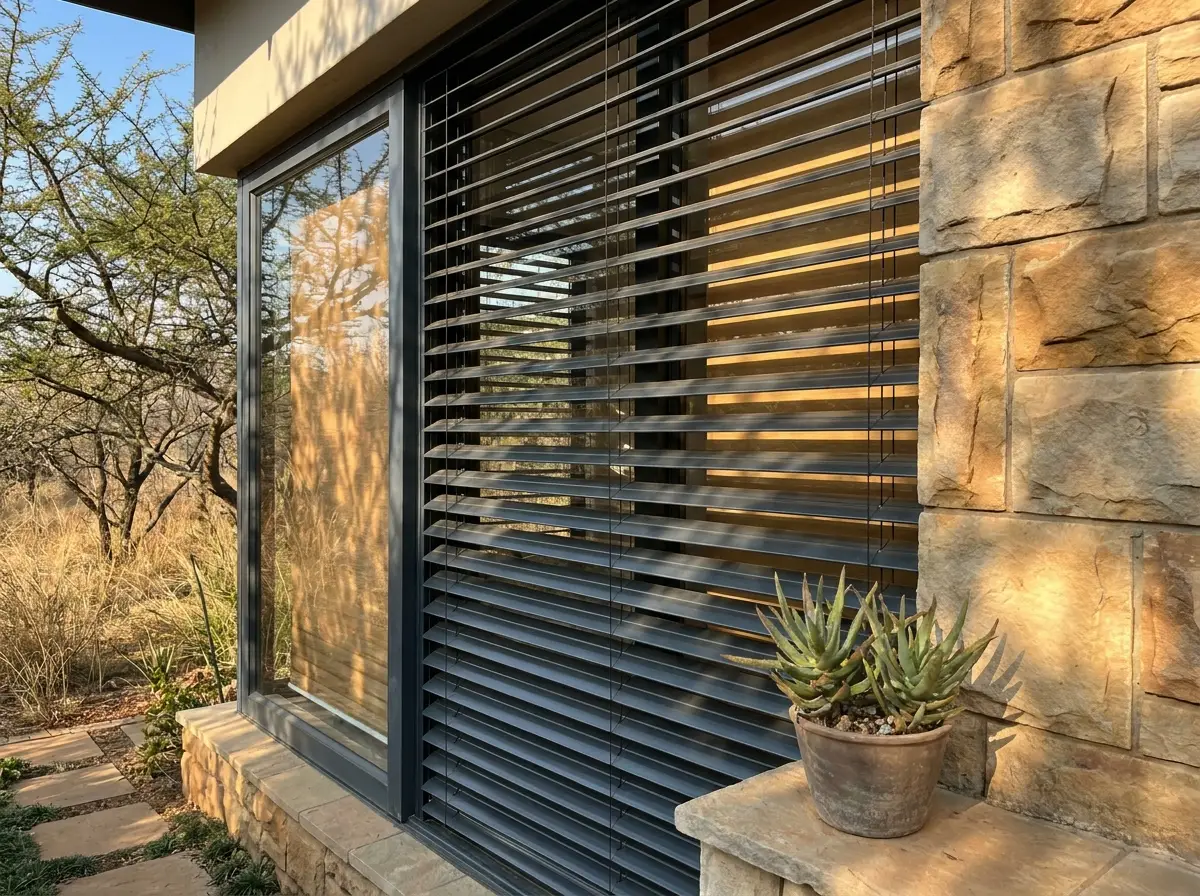 External venetian blades mounted outside the glass, seen up close from indoors