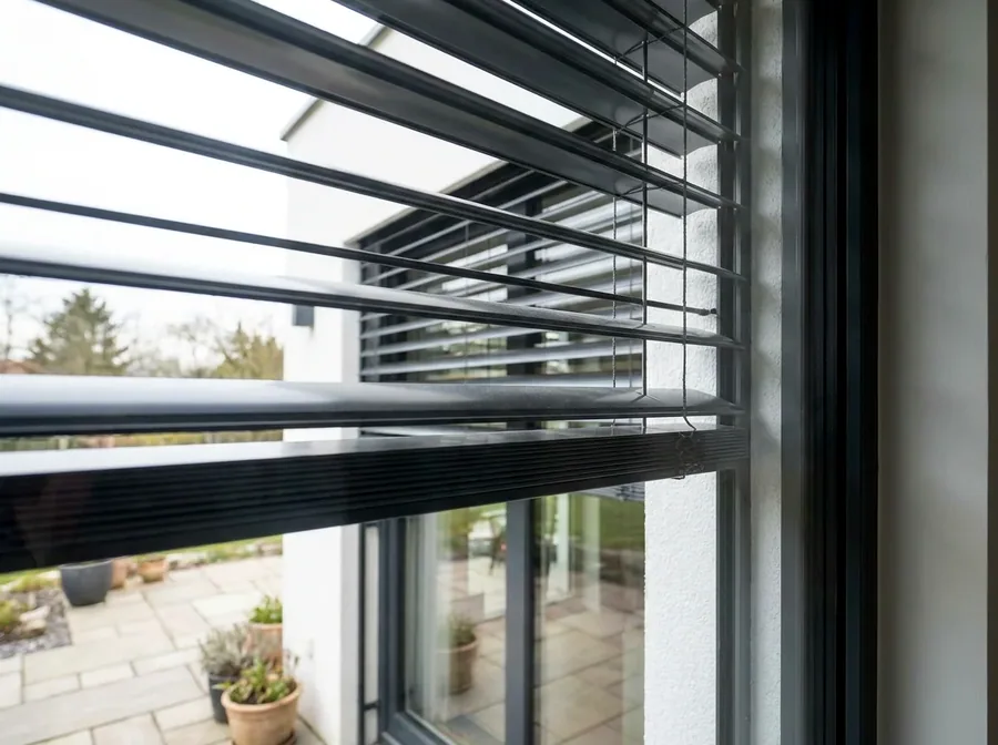 External venetian blades up close from indoors — rigid aluminium slats mounted outside the glass