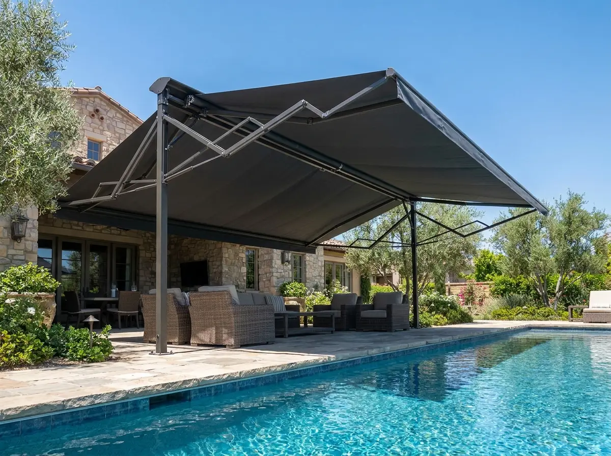 Folding-arm awning extended over a patio seating area, arms open under the canopy