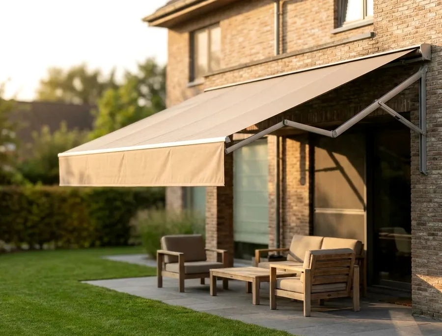 Sand-toned folding-arm awning shading a patio seating area, folding arms visible under the fabric