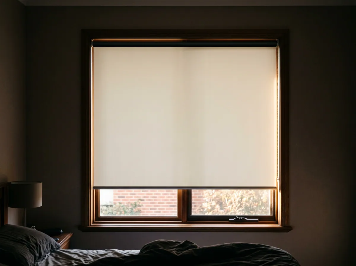 Blockout roller blind fully lowered over an upstairs bedroom window, a bright rim of early sunlight leaking around its edges — the light gap side channels are fitted to close