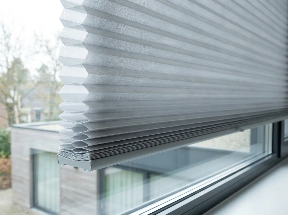 Cellular honeycomb blind seen in cross-section at a bedroom window, its hexagonal air-pocket cells clearly visible along the edge