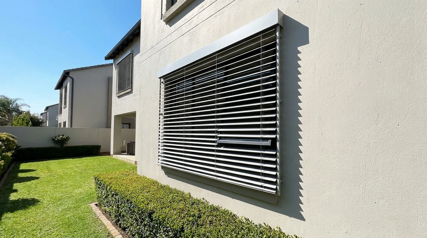 External venetian blind fitted outside a bedroom window on a double-storey Broadacres cluster home, blades tilted half-closed against bright midday sun, view up from the garden