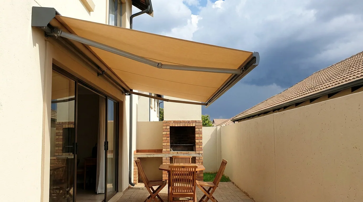 Folding-arm awning extended from a wall cassette over a compact walled braai courtyard at a Broadacres home, with a Highveld thunderhead building behind the roofline