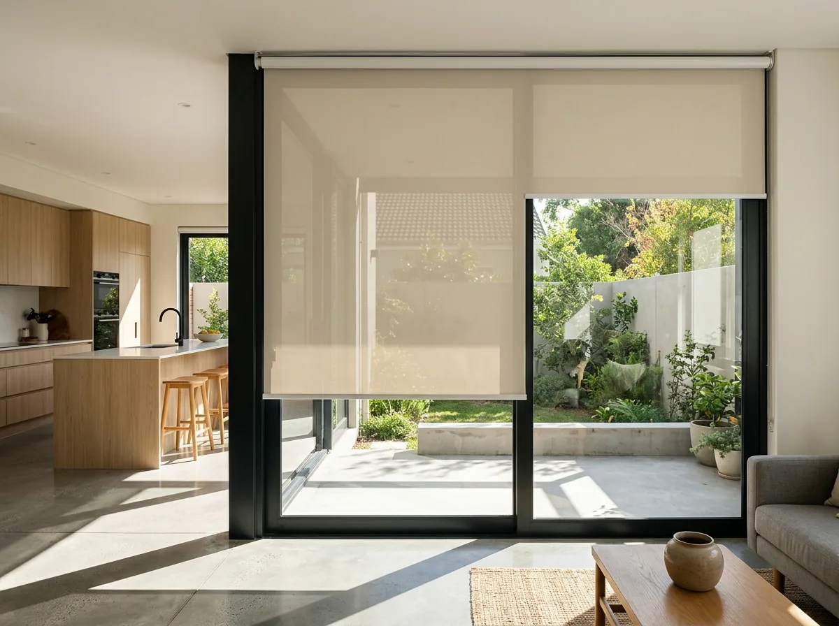 Sunscreen roller blind — one smooth flat sheet of open-weave fabric on a tube, no folds — half-lowered over the sliding doors of an open-plan Broadacres living room onto a walled garden
