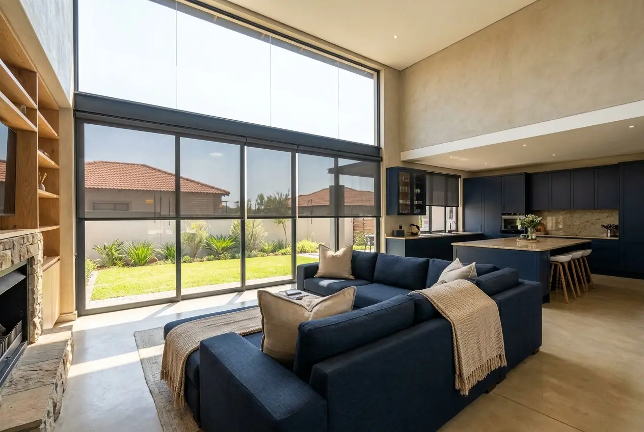 Motorised blinds in a security-estate home near Fourways, midnight navy and sand tones, view of the estate through the glass