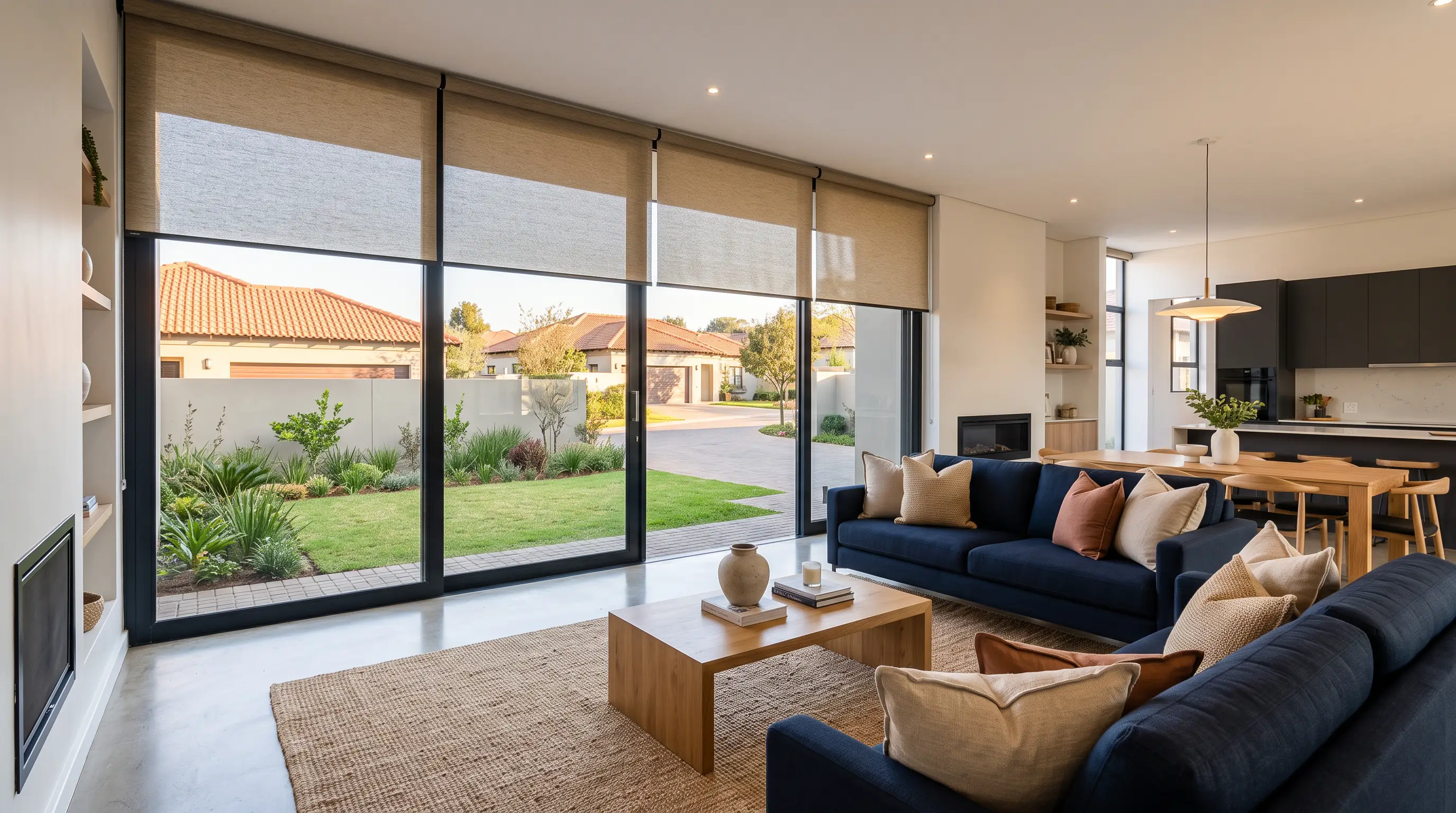 Sunscreen roller blinds half-lowered over a wall of estate glazing in a Broadacres and Cedar Lakes living room, navy sofas and sand tones, neighbouring rooftops beyond the garden wall