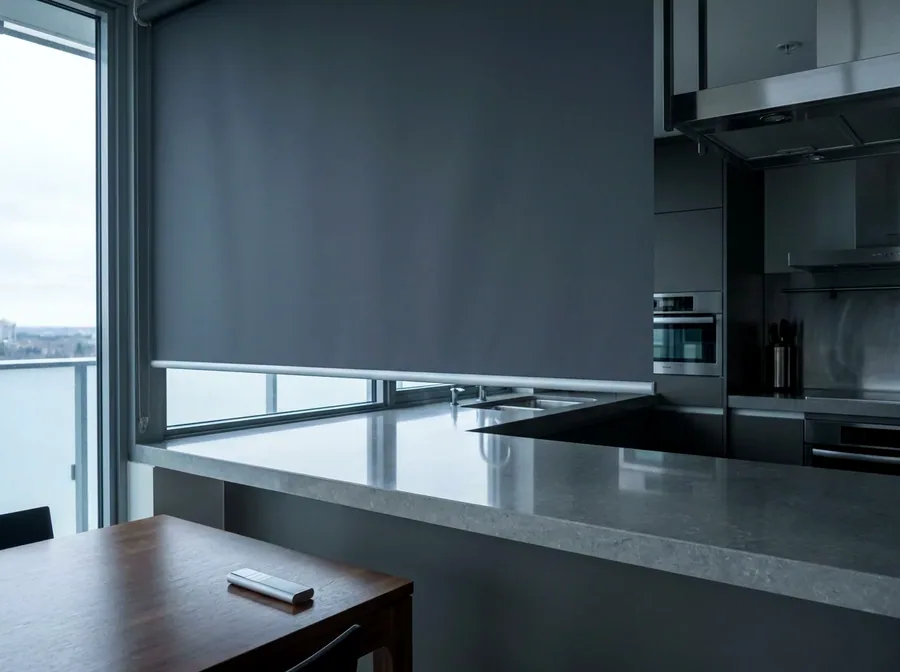 Motorised roller blind at half height with its remote control on the counter