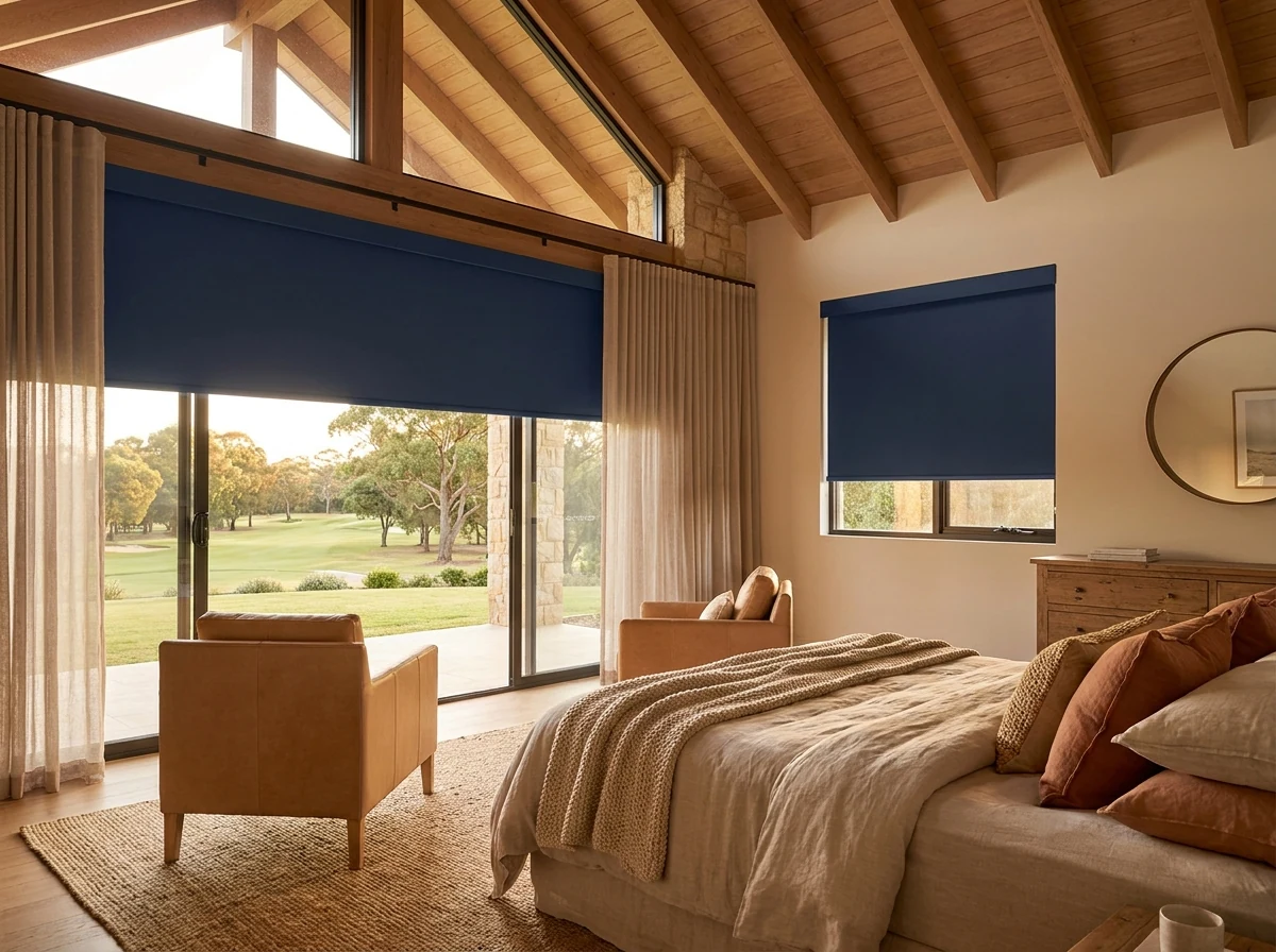 Bedroom with matching navy blockout roller blinds on both the fairway-facing sliding doors and a side window in a golf-estate home near Dainfern, sand and terracotta palette
