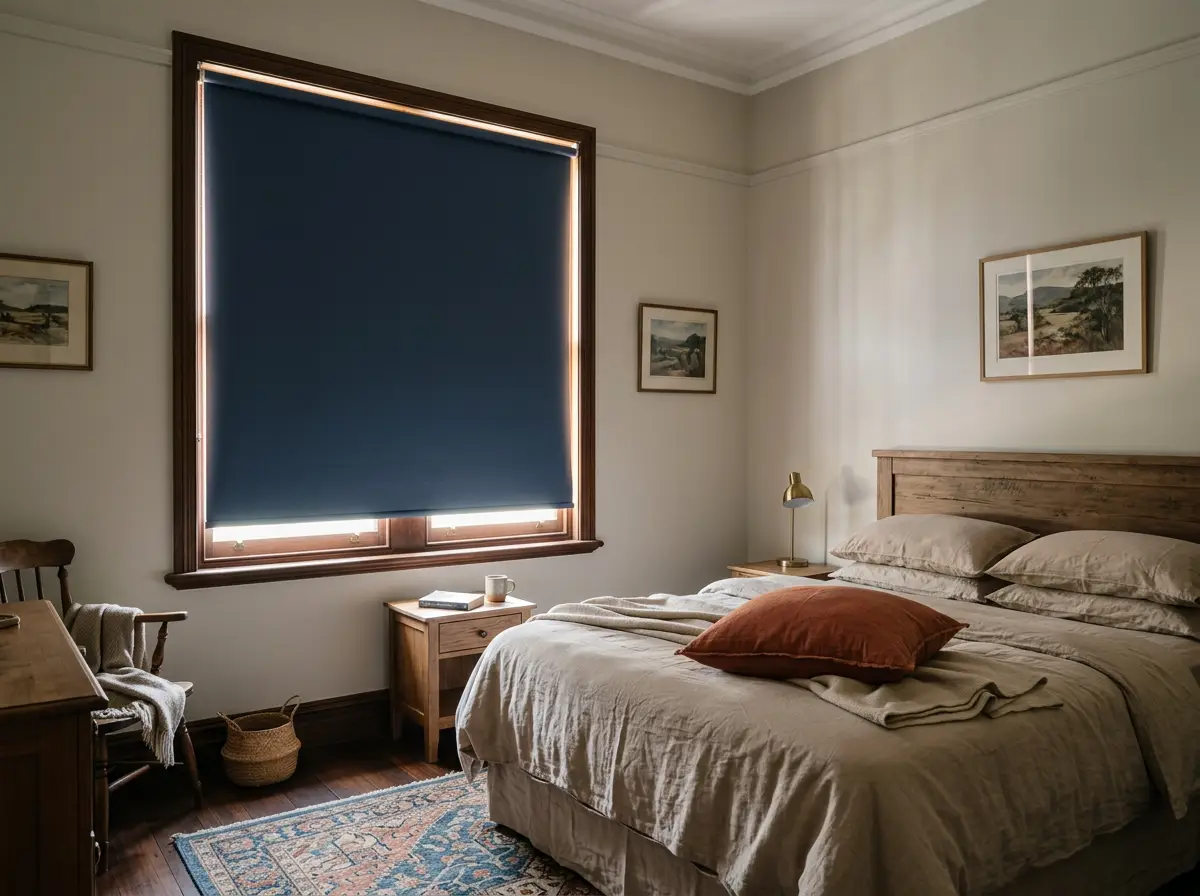 Navy blockout roller blinds fully lowered in a sand-toned main bedroom with a terracotta throw