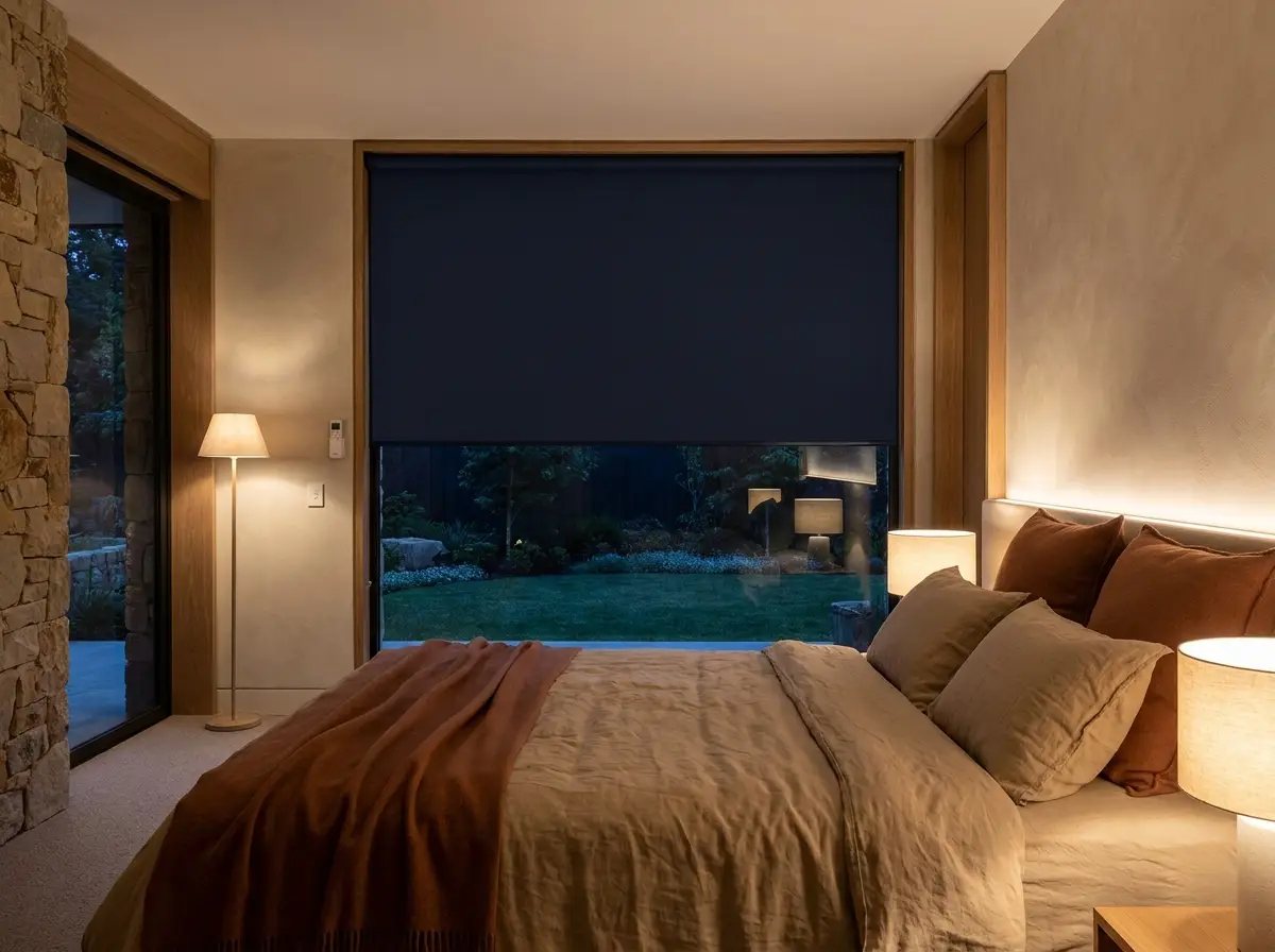 Bedroom with blockout blinds in a Broadacres and Cedar Lakes security-estate home, sand and terracotta palette