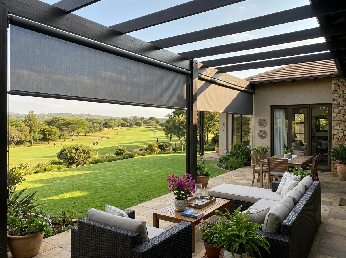 Outdoor patio at a golf-estate home in Dainfern, exterior sunscreen blinds partially lowered, fairway visible beyond the lawn