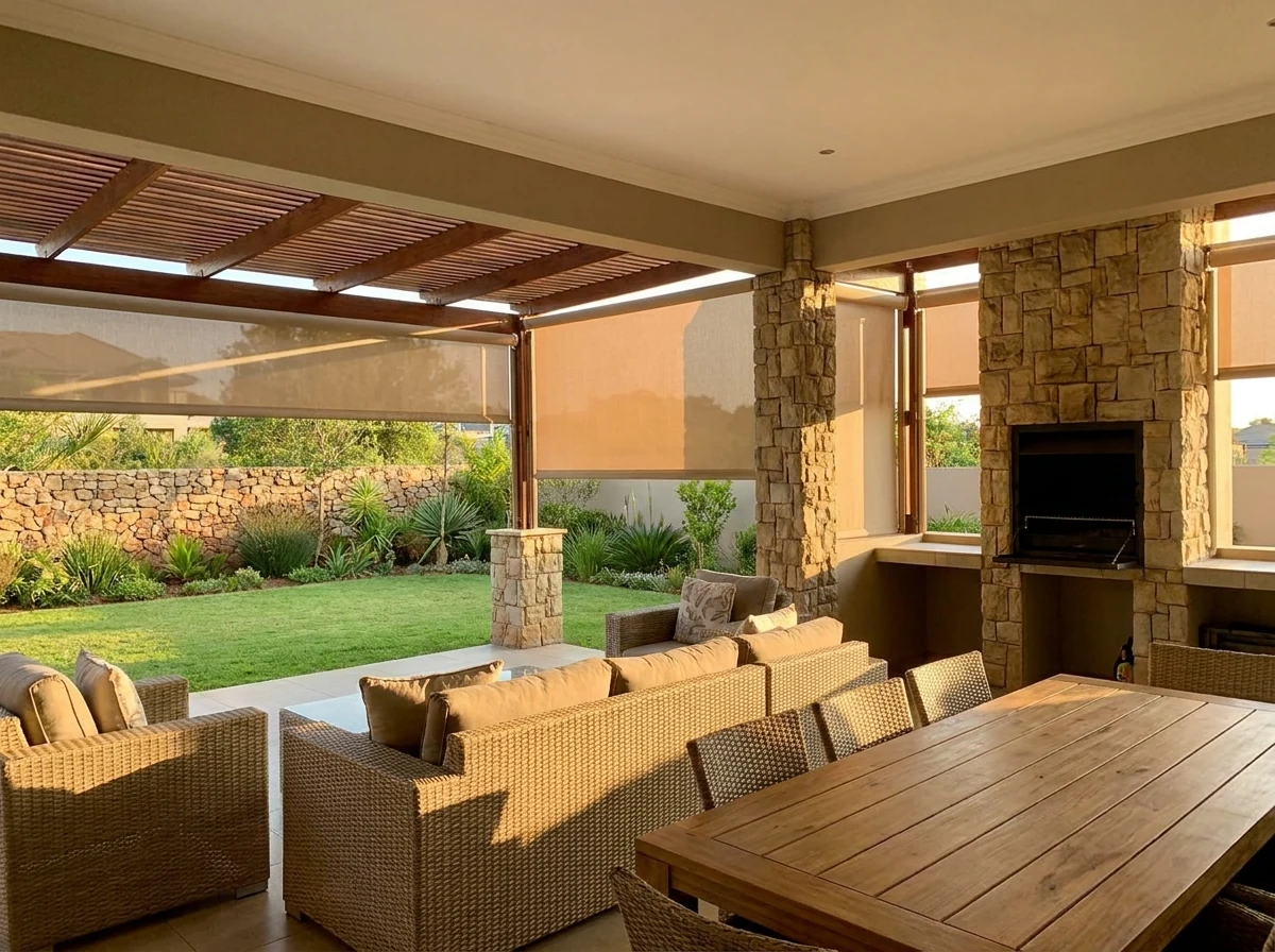 Exterior drop screens lowered around a covered patio and braai area, garden and lawn beyond
