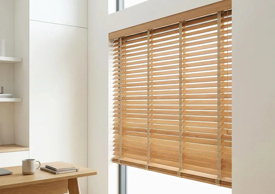 Timber venetian blind with warm wide wooden slats and tapes in a study