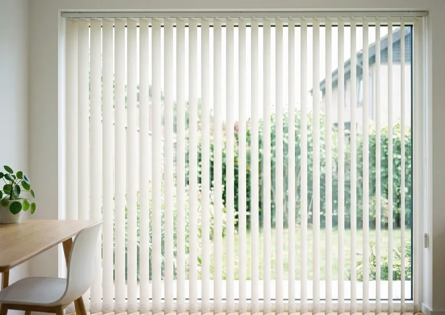 Vertical blind vanes hanging across a garden-facing sliding door